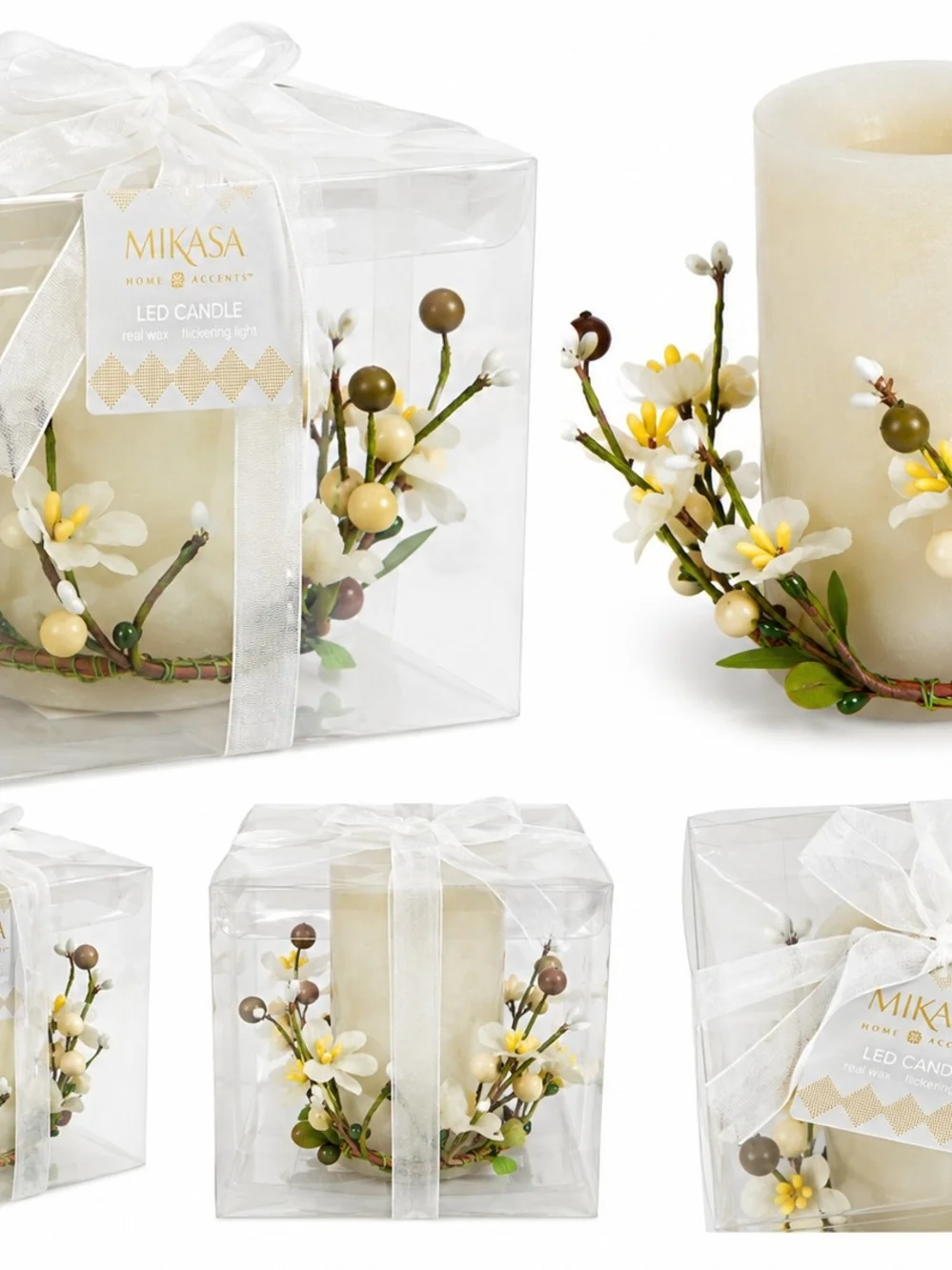 Mikasa Cream LED Pillar Candle with Yellow & Green Floral Berry Wreath